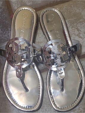 Tory Burch Metallic Silver Logo Thong Sandals
